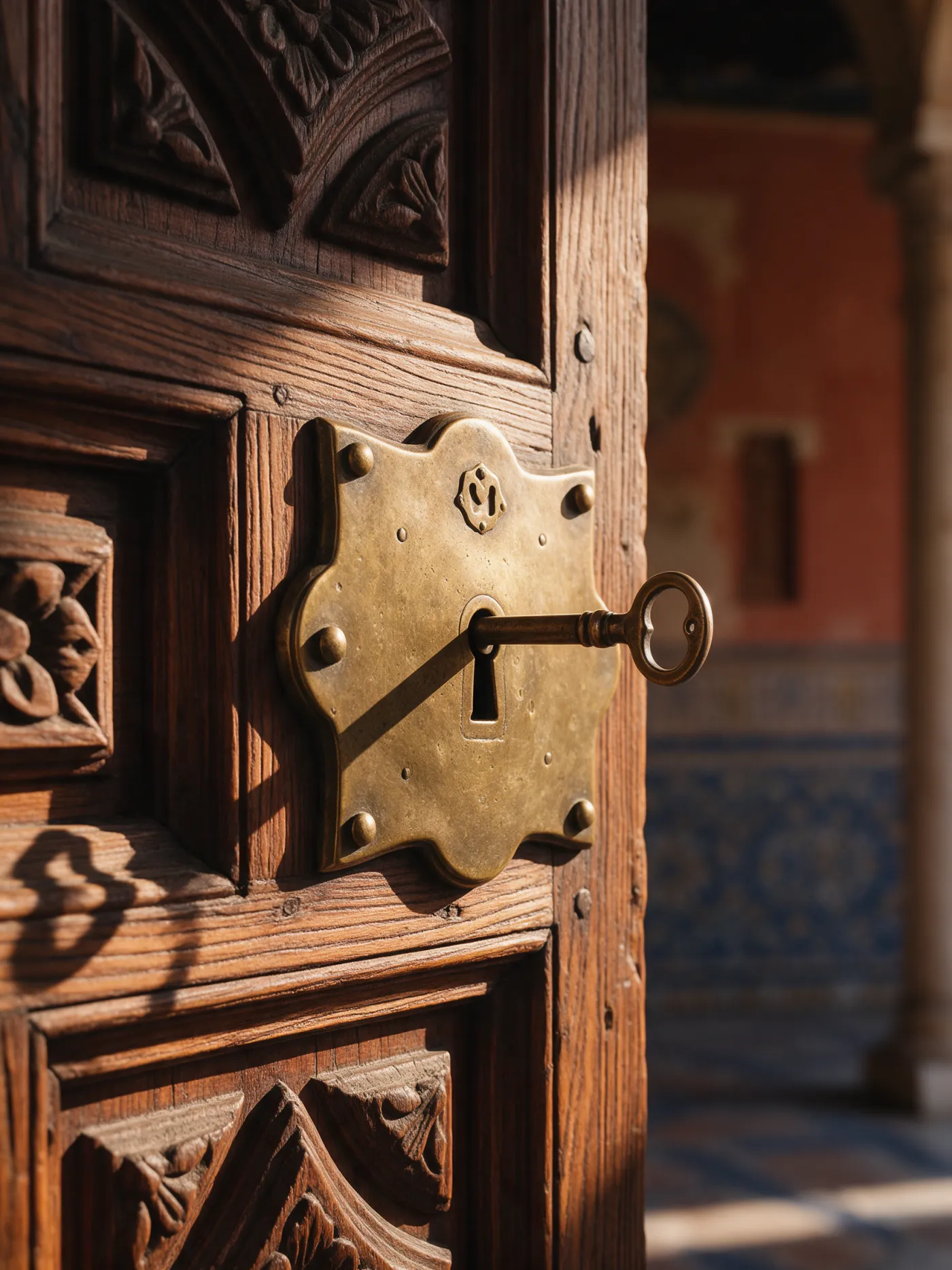 An aged brass lock with its key in a carved Spanish wooden door