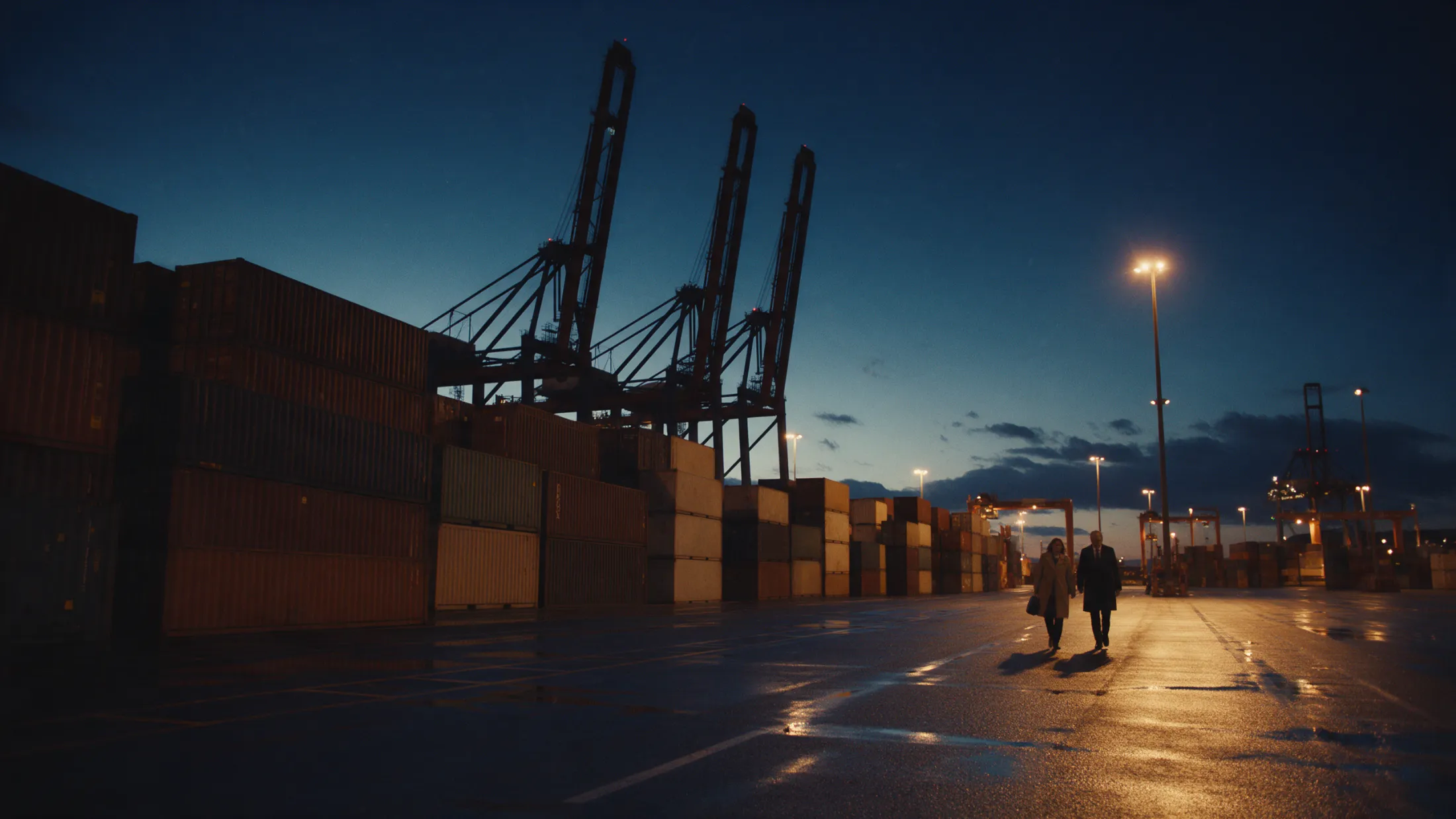 Barcelona container terminal at dusk with cranes against a navy sky